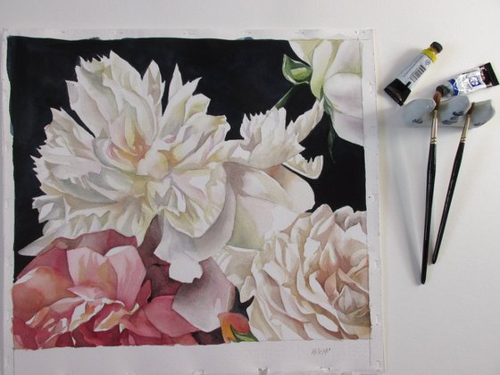 peonies with roses watercolor floral