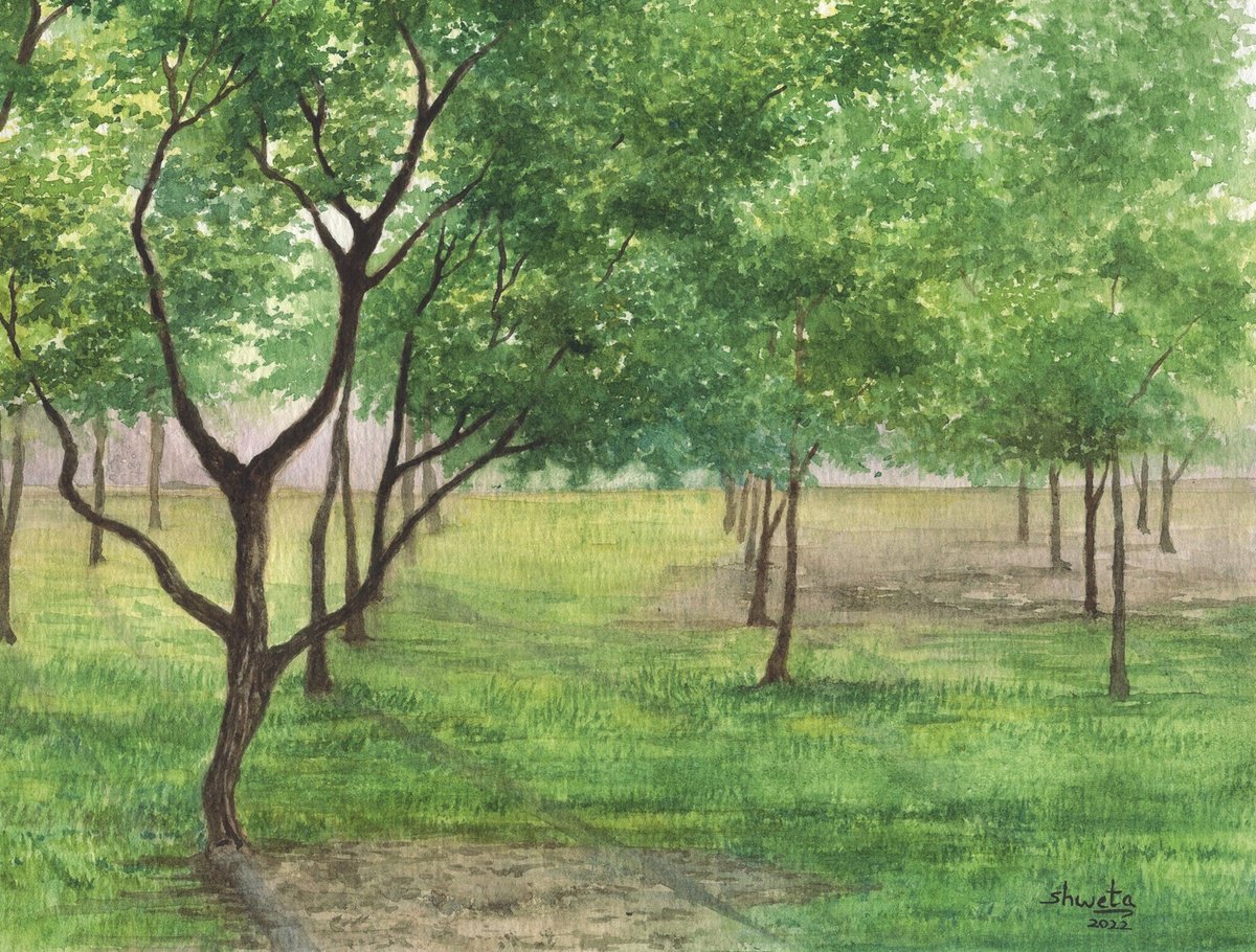 Photorealistic Landscape Watercolour By Shweta Mahajan, 12 X 8", Mahogany Tree Grove, Original Artwork