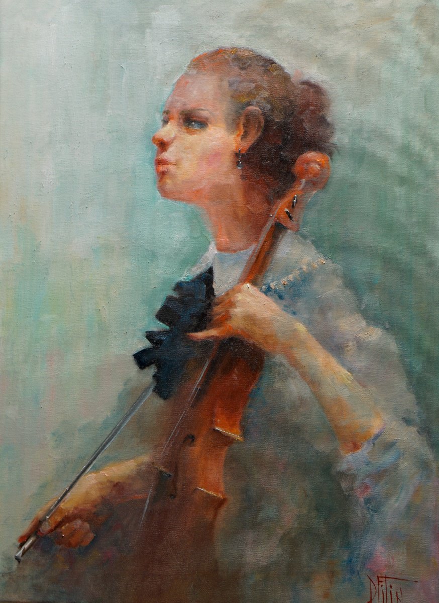 Impressionistic Portrait Oil Painting By Pavel Filin, 22 X 30", Old Violin, Original Artwork