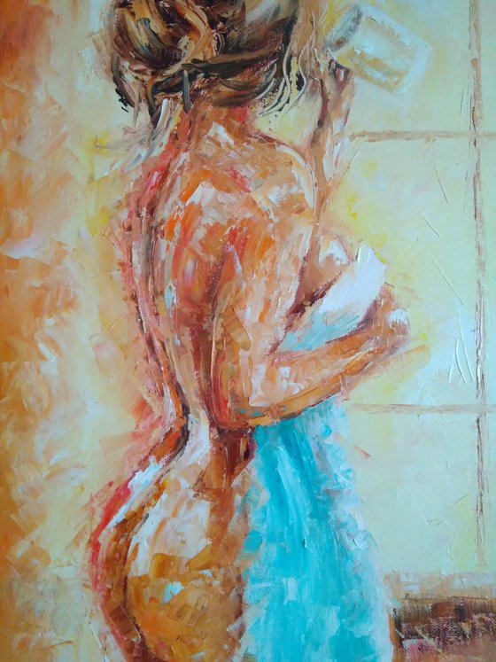 Sunny morning , Erotic Painting Original Art Female Nude Artwork Window Wall Art 40x50 cm, ready to hang.