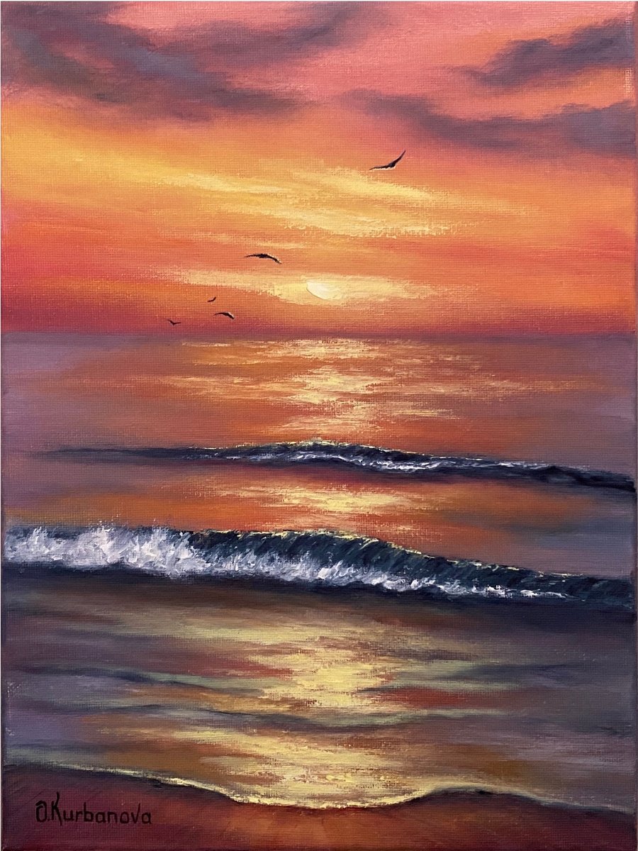 Abstract Landscape Oil Painting By Olga Kurbanova, 9 X 12", Sunset Harmony, Original Artwork