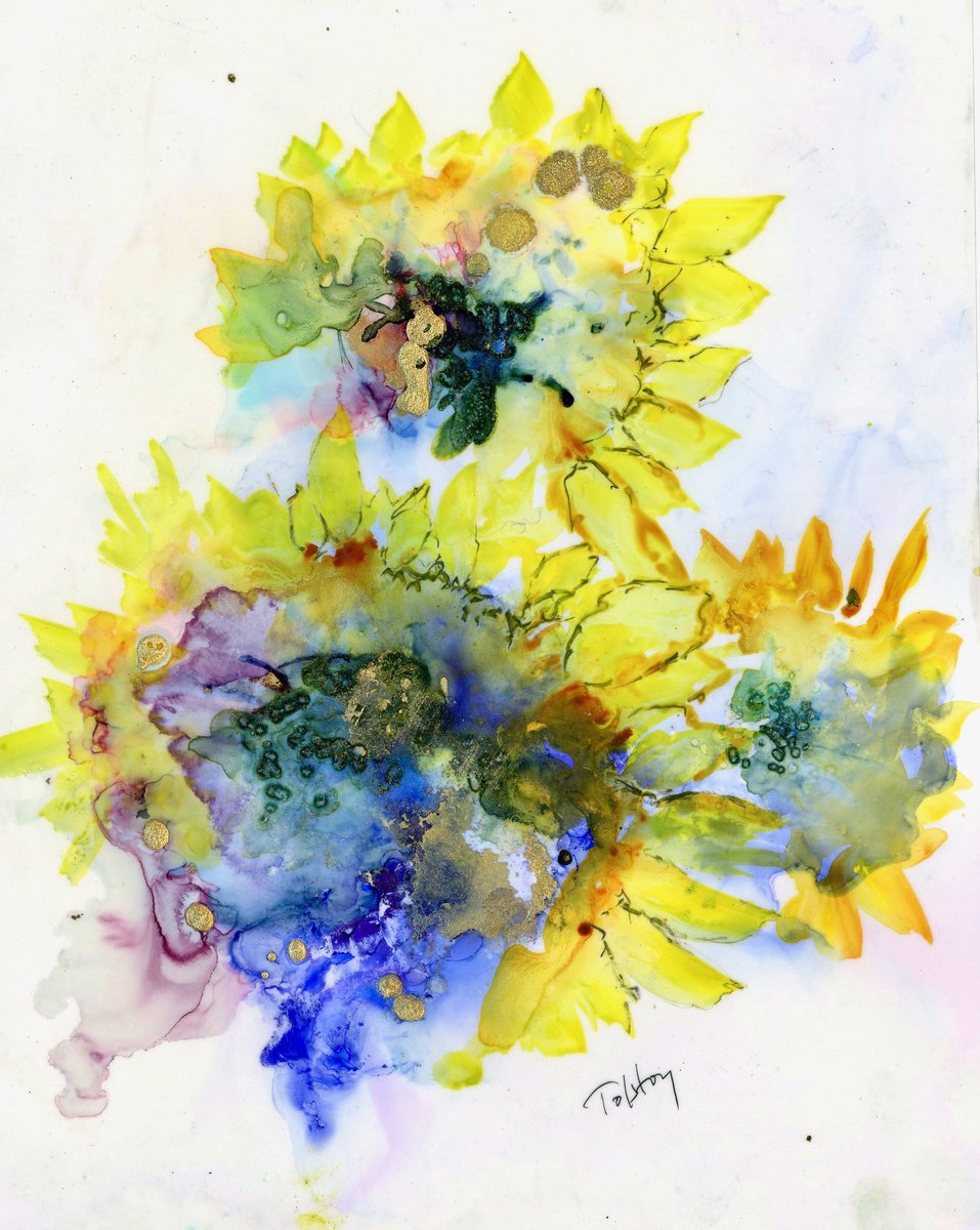 Impressionistic Botanical Painting By Alex Tolstoy, 10 X 12, Yupo Sunflowers, Original Artwork