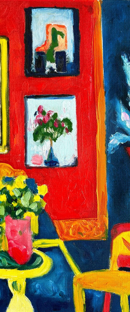 Red room with three paintings by Maiia Axton