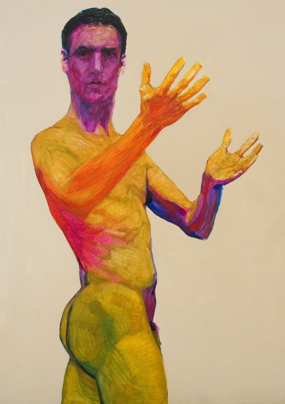 modern expressionist portrait of a nude man with pop art colors