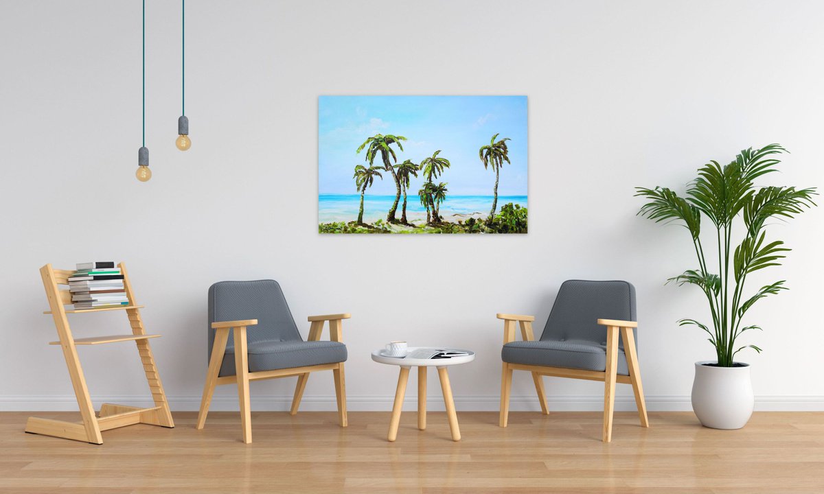 Large Abstract Seascape Painting. Palm trees. Beach, ocean, waves, sky with clouds, sailbo... by Sveta Osborne
