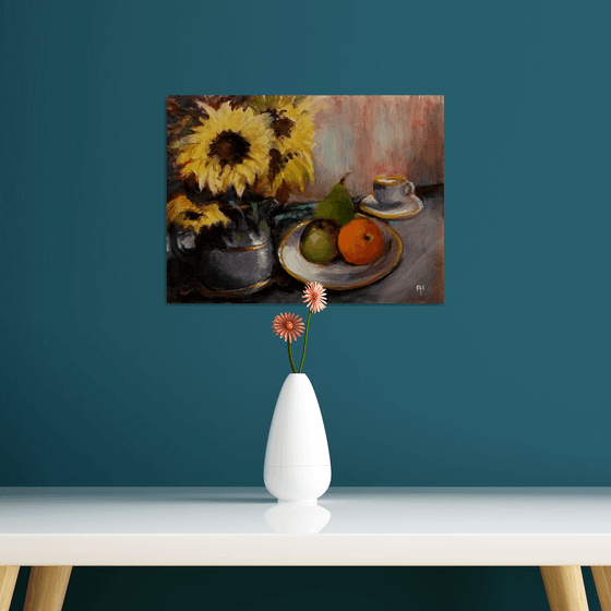Still life with Sunflowers and fruit