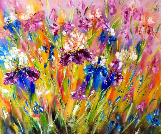 MESSENGERS OF BRIGHTNESS - Irises. Rainbow flower. Juicy colors. Flower meadow. Summer. Good mood. 3d flowers. Texture.