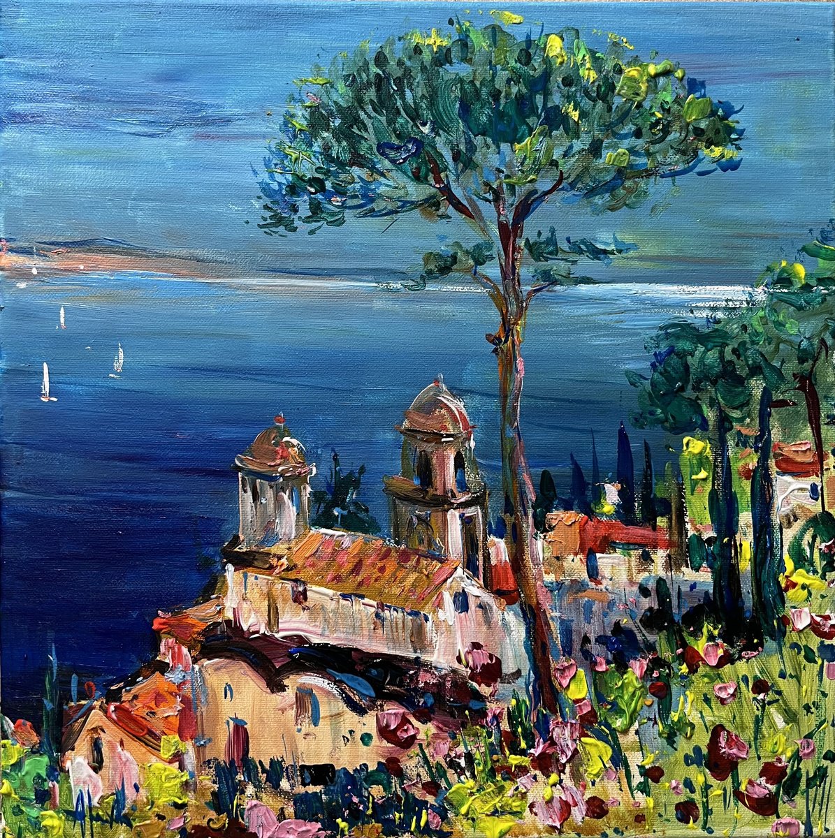 Expressive Landscape Acrylic Painting By Altin Furxhi, 16 X 16, Ravello Balcony Corner, Amalfi 2023, Original Artwork