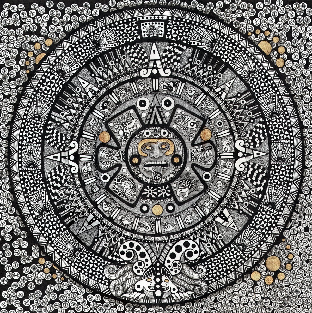 Illustrative Abstract Ink Drawing By Terri Smith, 25 X 25", Aztec With Gold, Original Artwork