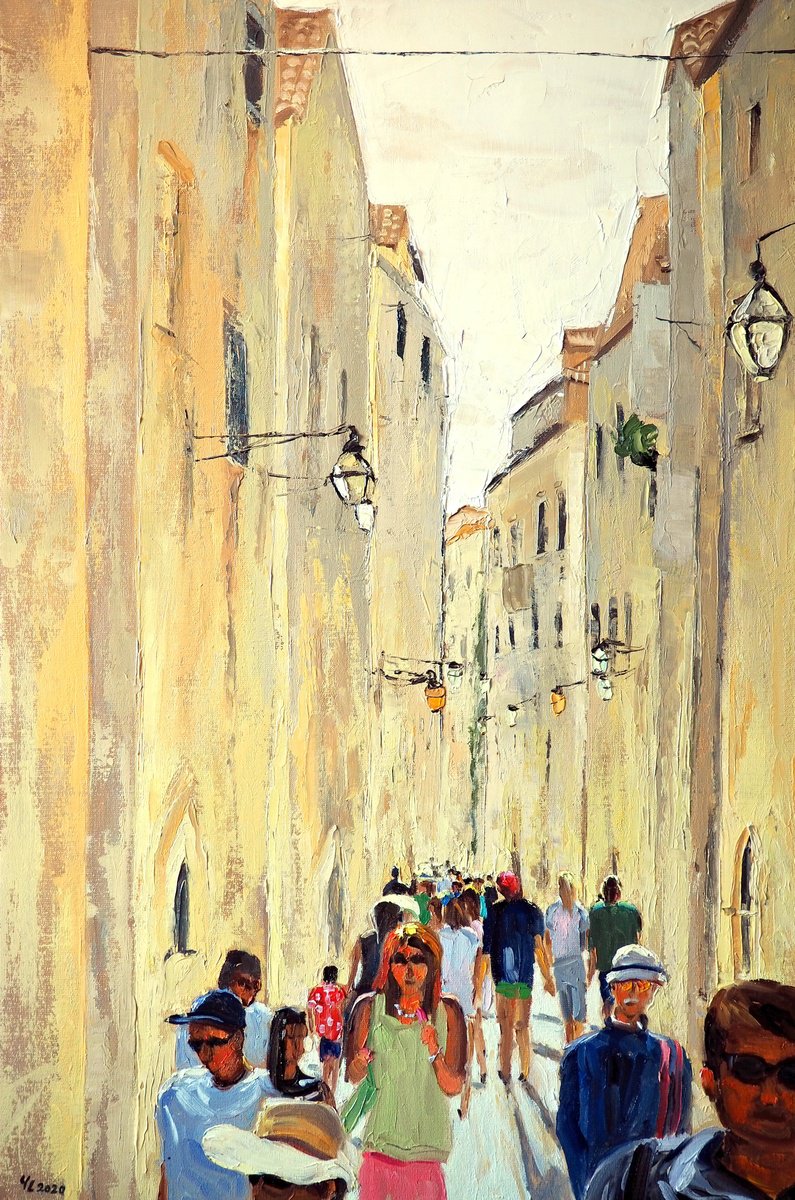 Impressionistic Landscape Oil Painting By Yuanyuan Liu, 24 X 35", The Old Town In Dubrovnik, Original Artwork
