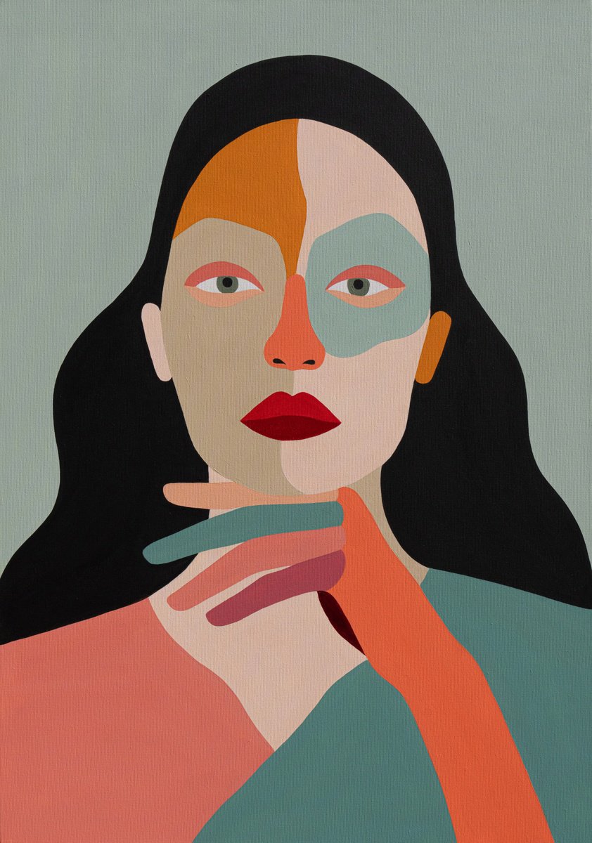 Geometric Portrait Acrylic Painting By Katalin Macevics, 30 X 41", Beyond The Surface, Original Artwork