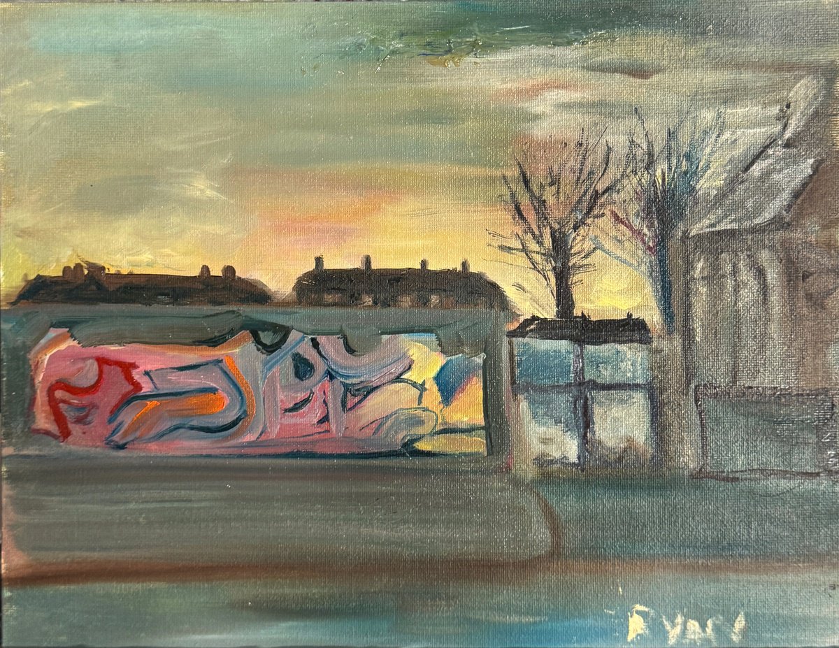 Expressive Cityscapes Oil Painting By Ryan Louder, 12 X 10", Graffiti, Original Artwork