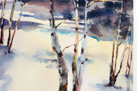 Birches in winter, watercolor forest landscape, snow and trees