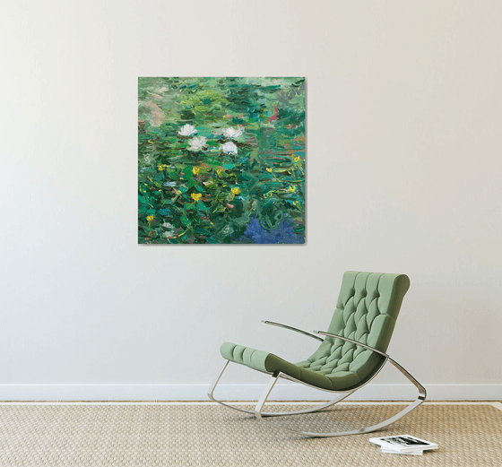 WATER LILY  - original oil landscape painting, summer, waterlily pond, green coloured