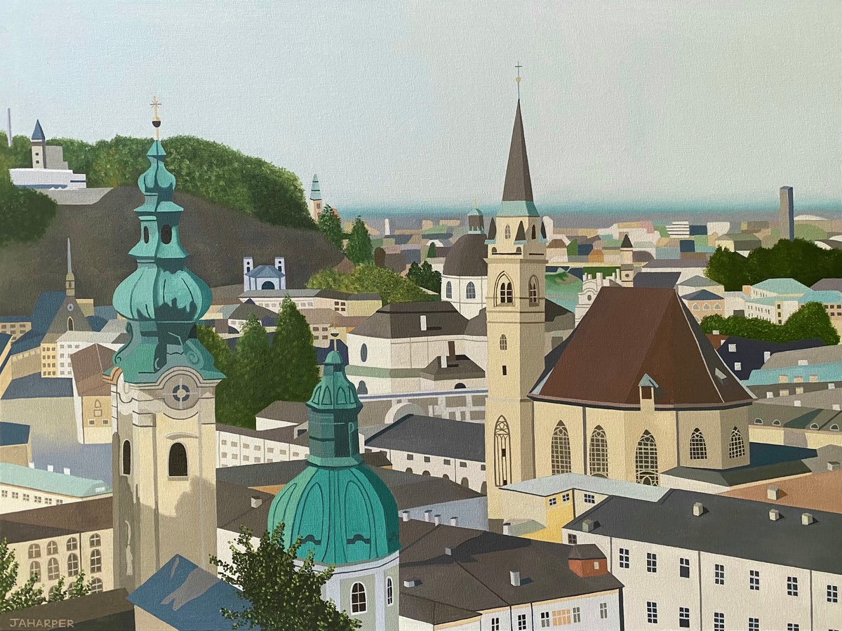 Photorealistic Cityscapes Oil Painting By Jill Ann Harper, 26 X 20, Salzburg, Original Artwork