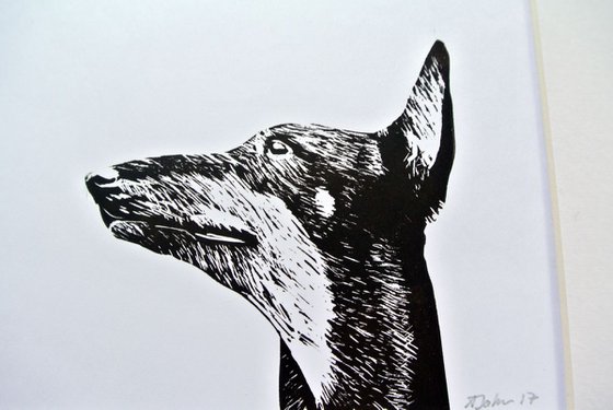 Dog Linocut, Print on Paper, Mounted