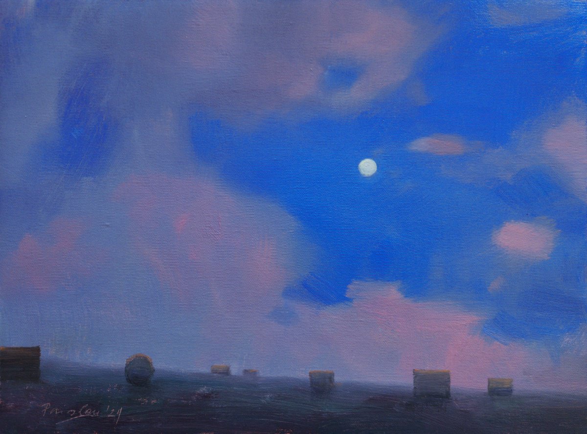 Landscape Oil Painting By Ayna Paisley, 12 X 9, Hay Bales Under The Moon, Original Artwork