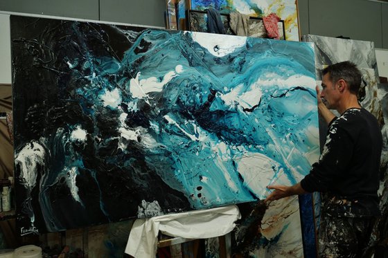 Southern Aura 190cm x 100cm Teal Black White Textured Abstract Art