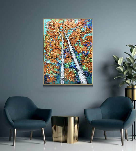 Entwined - 3D Textured Fall Gold Birch Trees Landscape Painting on Canvas, Original Abstract Nature Textured Tree Painting - SIZE: 24 X 32 INCHES (60 X 80 CM)