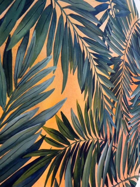 Tropical Leaves on Yellow and Orange 1