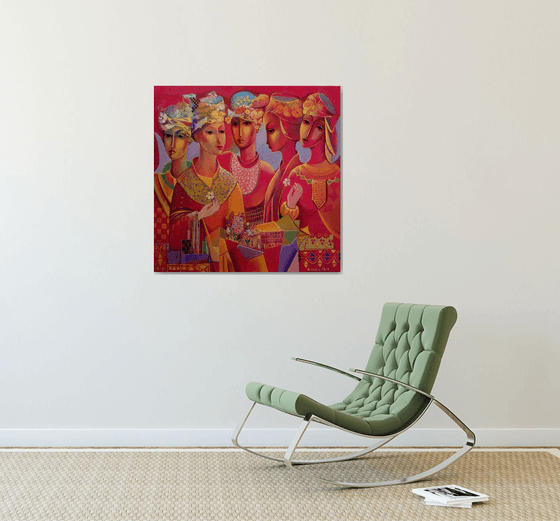 " Five Directions " - 80 x 80cm Original Oil Painting RED dress 5 Women