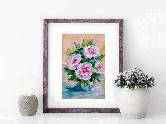 Pink Floral Painting Original Art Small Flower Artwork Oil Wall Art