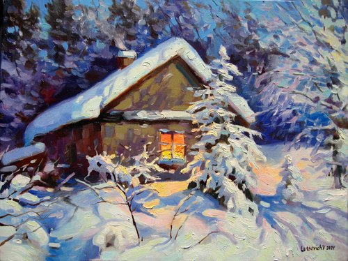 Winter evening in the forest by Vladimir Lutsevich