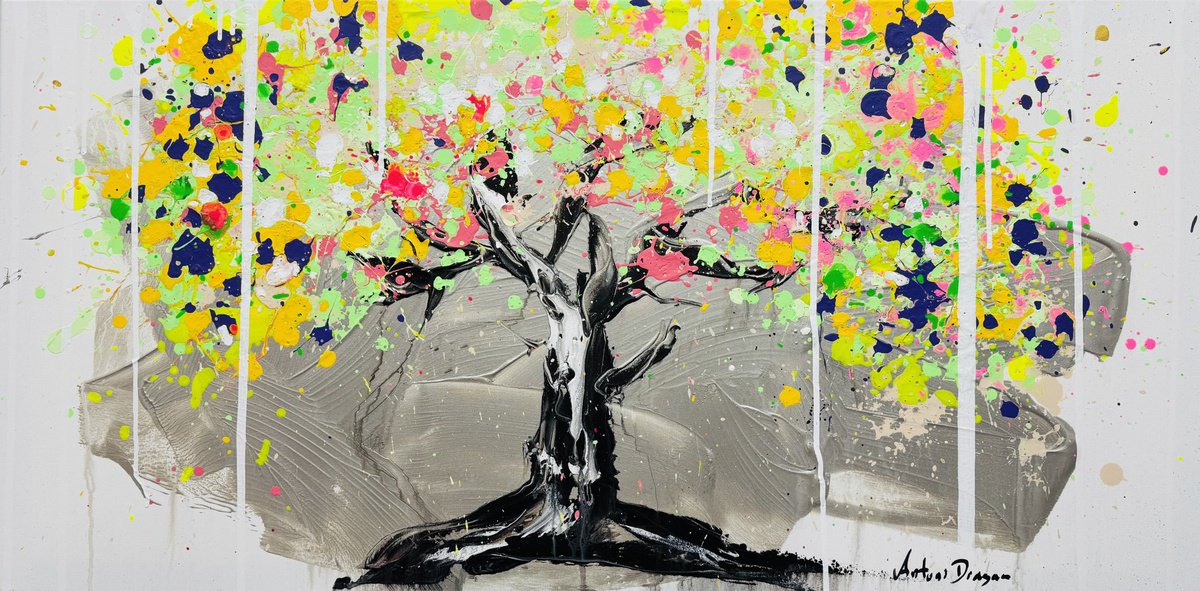 Urban And Pop Landscape Acrylic Painting By Antoni Dragan, 47 X 24, Eternal Embrace: Tree Of Light, Original Artwork