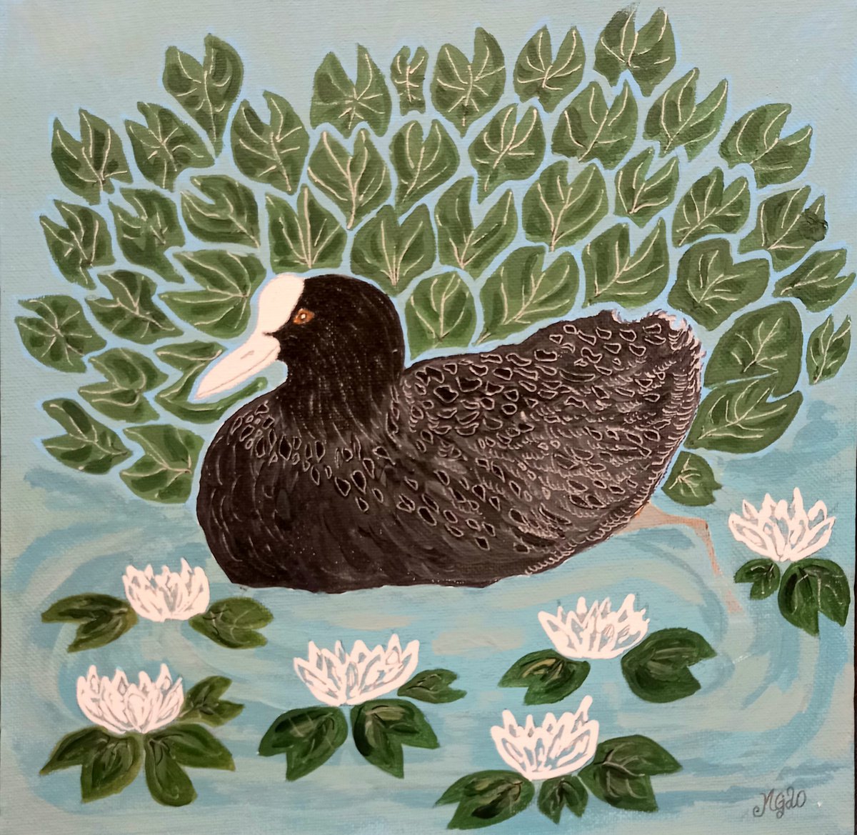 Coot in Water Lilies by Monica Green