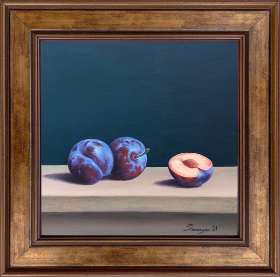 Still life plums (25x25cm, oil painting, ready to hang)