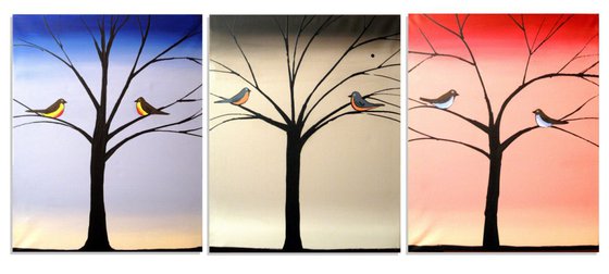 bird triptych landscape art "Bird Seasons" hand made original 48 x 20 inches