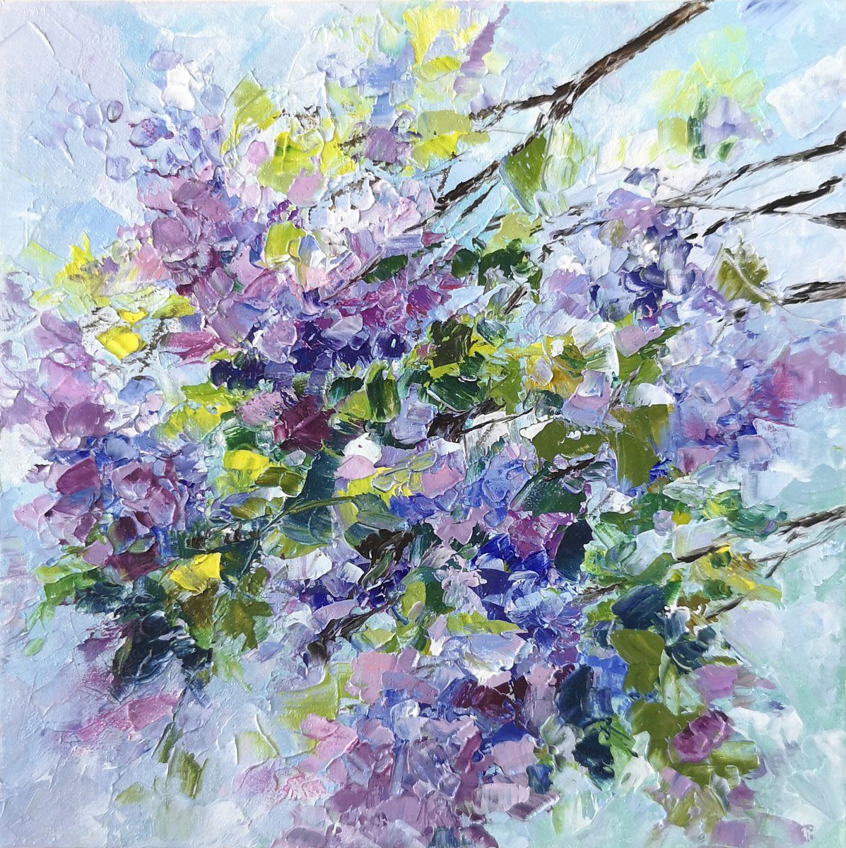 Lilac flowers, small impressionist floral painting by Olya Grigo