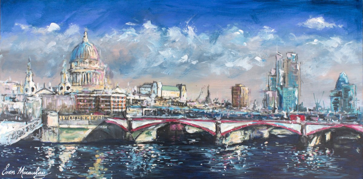 Impressionistic Cityscapes Acrylic Painting By Ewen Macaulay, 32 X 16, St Pauls, View From The Embankment, Original Artwork