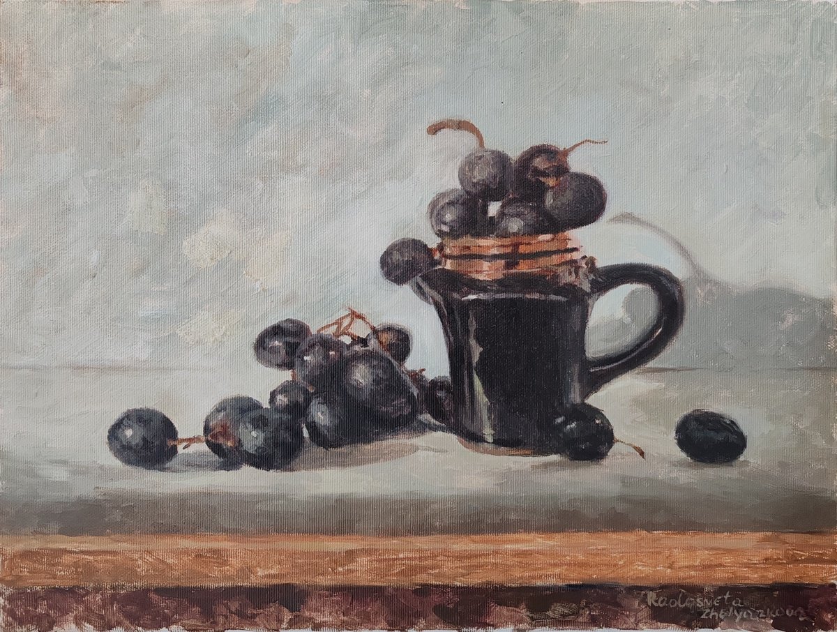 Impressionistic Still Life Oil Painting By Radosveta Zhelyazkova, 16 X 12", Black Grapes, Original Artwork
