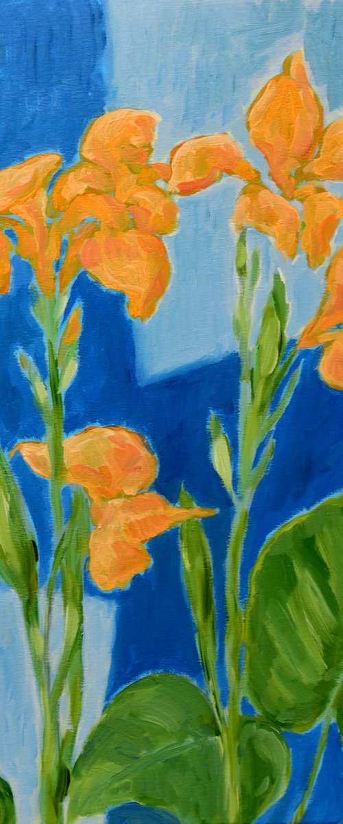 Flowers near blue wall by Elena Zapassky
