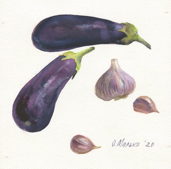 Veggies 5. Eggplants and garlic / Contemporary watercolor painting. Vegetables still life. Original kitchen picture