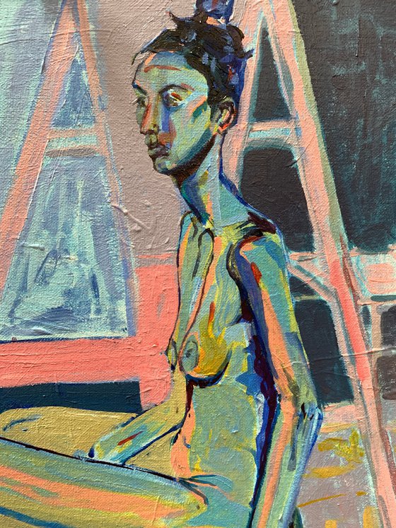 Female nude in blue & yellow