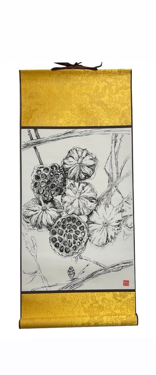 Lotus pods ink drawing by Guzel Min