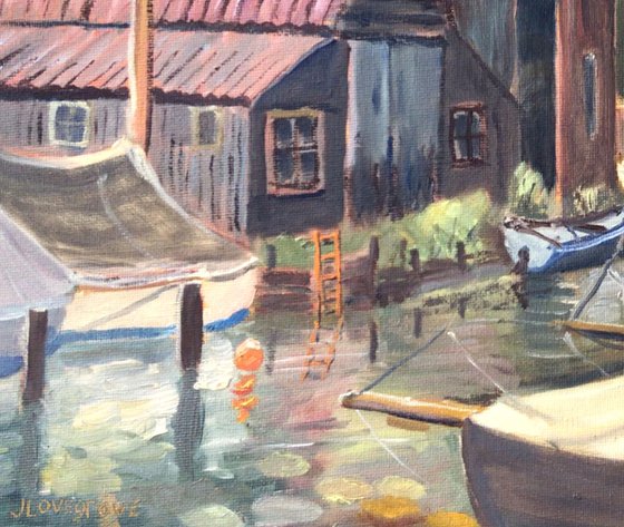 Boatyard on the Norfolk Broads. An original oil painting.