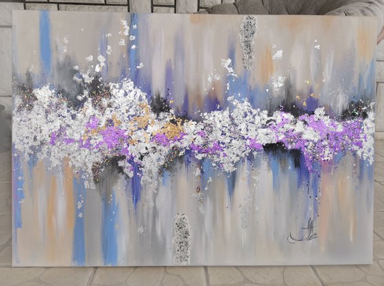 Abstract canvas wall art, Lavender and silver, Original Abstract painting