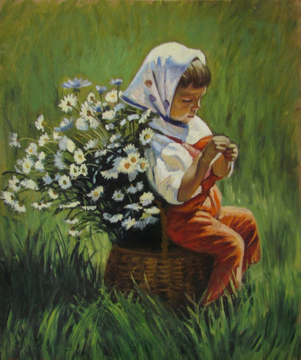Girl with a basket of daisies by Viktoriia Pidvarchan