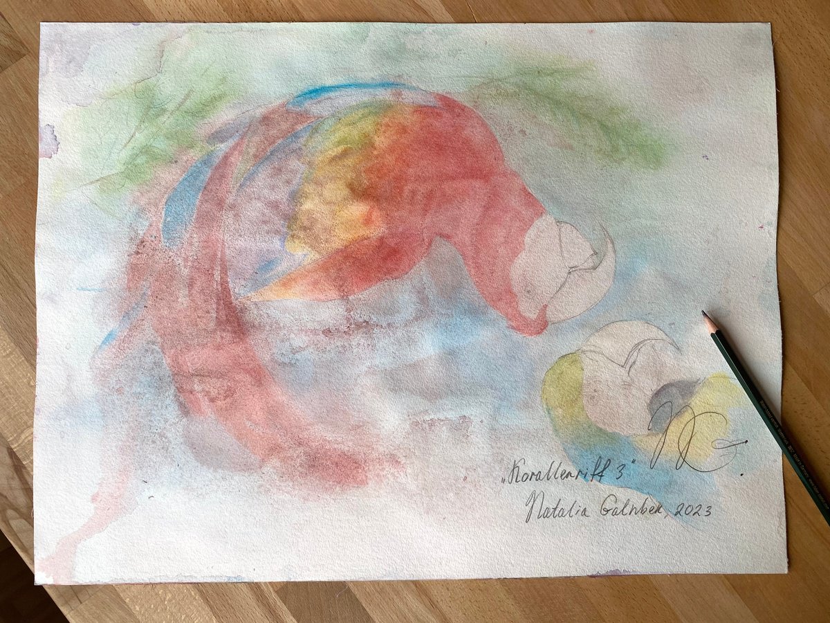 Impressionistic Landscape Watercolour By Natalia Galnbek, 19 X 14", Tropical Sealife, Original Artwork