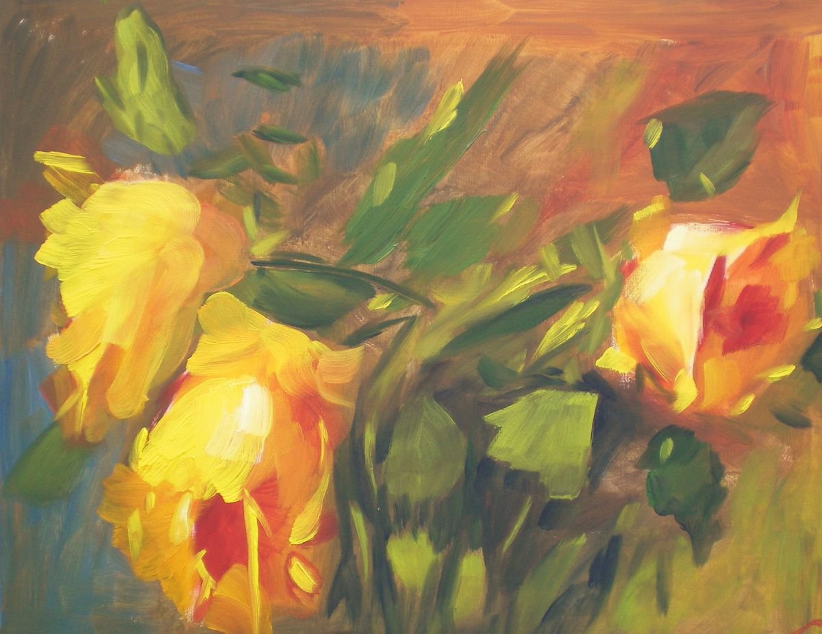 Impressionistic Botanical Oil Painting By Elena Sokolova, 20 X 16, Yellow Roses, Original Artwork