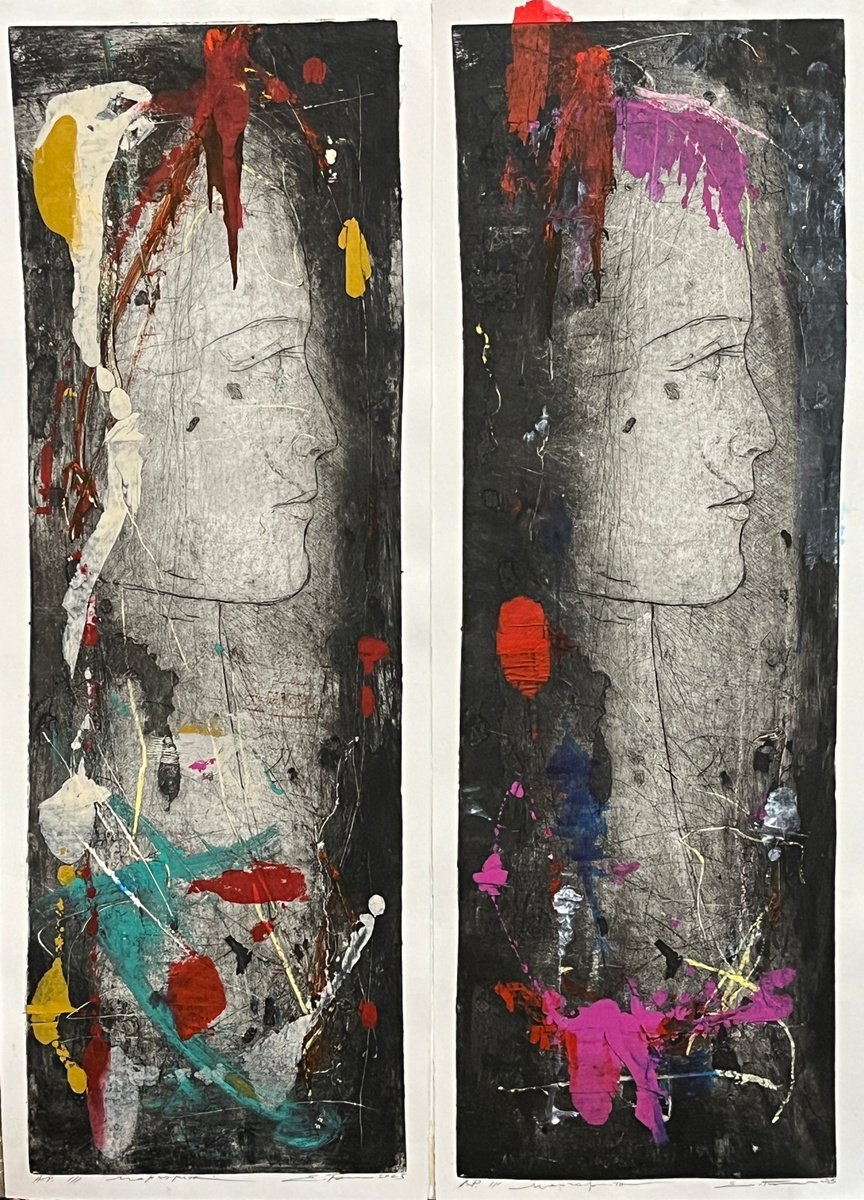 Expressive Portrait Ink Drawing By Eduard Belsky, 22 X 31, Diptych Of Madonna, Original Artwork