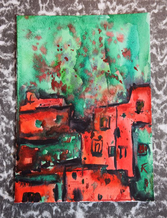Watercolor painting Abstract cityscape, Green and red city