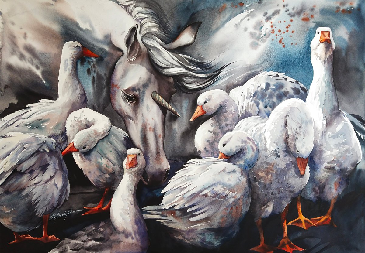 Geese - original watercolor unicorn in a flock of white geese by Olga Bezlepkina