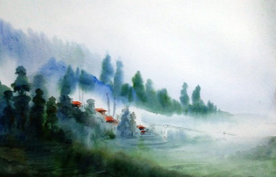 Foggy Mountain Village - Watercolor on Paper Painting