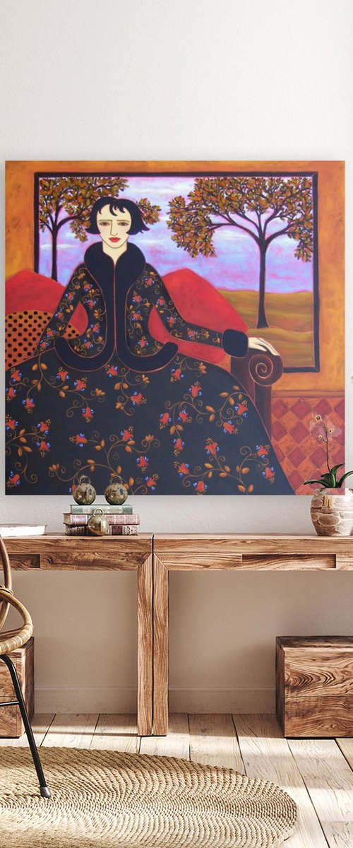 Woman with Evening Landscape by Karen Rieger