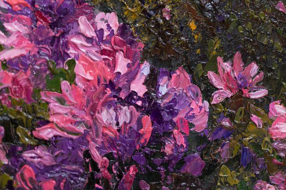"Where flowers live", landscape oil floral palette knife painting