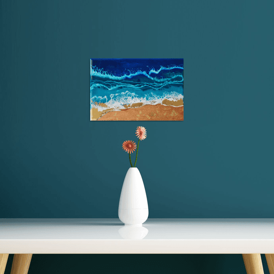 Original Epoxy Resin and Acrylic Paint Ocean Beach Art on 12 by 24